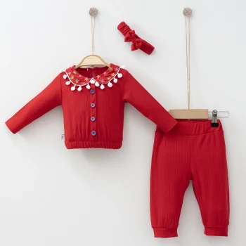 Çiçek Nakışlı Düşmeli Bandanalı Kız Bebek Takımı