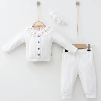 Çiçek Nakışlı Düşmeli Bandanalı Kız Bebek Takımı