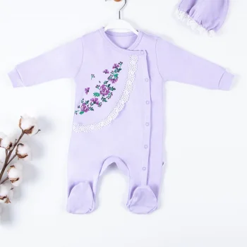 Çiçek Nakışlı Şapkalı % 100 Pamuk Kız Bebek Tulumu