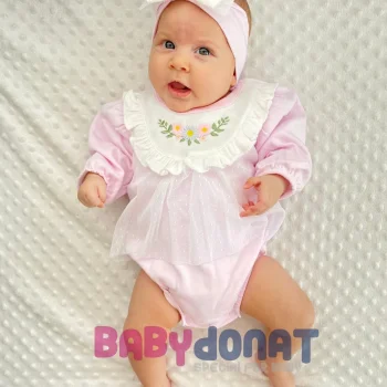 Çiçek Nakışlı Tüllü Bandanalı Kız Bebek Romper