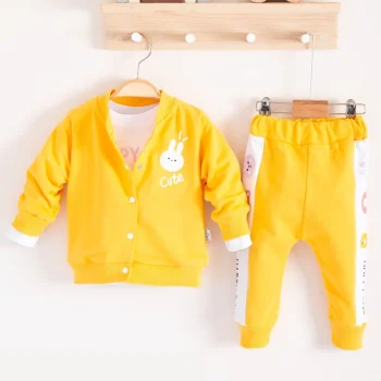 Cute Funny Desenli Kapişonlu Pamuklu 3lü Kız Bebek Takımı