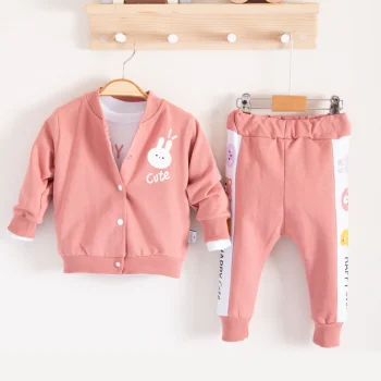 Cute Funny Desenli Kapişonlu Pamuklu 3lü Kız Bebek Takımı