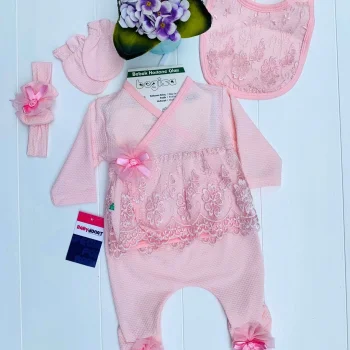 Dantel Desenli 0-3 Ay Hastane Çıkışı Seti %100 Pamuk