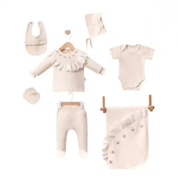 Dantel İşlemeli Lale Desenli 7 Parça Hastane Çıkış Seti %100 Pamuk