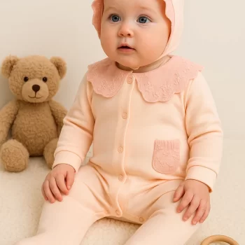 Dantel Yaka Fisto Detaylı Kız Bebek Tulum %100 Pamuk