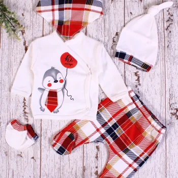 Ekoseli Penguen Desenli Fularlı 5li Erkek Hastane Çıkışı