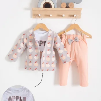 Elma Desenli Ceketli 3lü Kız Bebek Takımı