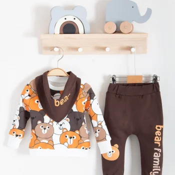 Family Bears Desenli 3lü Fularlı Erkek Bebek Takımı