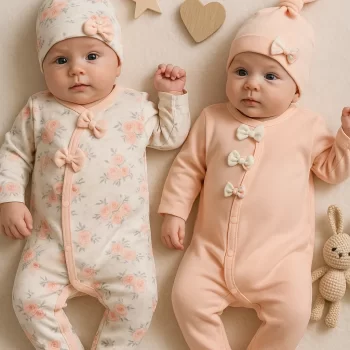 Fiyonklu Çiçek Desenli Kız Bebek 4lü Tulum Seti %100 Pamuk