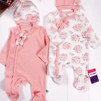 Fiyonklu Çiçek Desenli Kız Bebek 4lü Tulum Seti