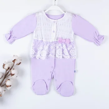 Gofralı Fransız Güpürlü % 100 Pamuk Kız Bebek Tulumu