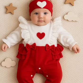 Kalp Desenli Fırfır Detaylı % 100 Pamuk Kız Bebek Tulumu