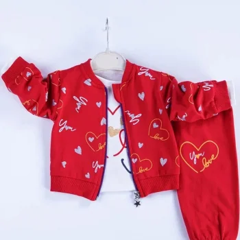 Kalp Desenli Hırkalı Pamuklu 3lü Kız Bebek Takımı
