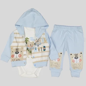 Kamp Desenli Kapüşonlu % 100 Pamuk Erkek Bebek Takımı
