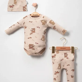 Karaca Desenli % 100 Pamuk 3lü Şapkalı Erkek Bebek Takım