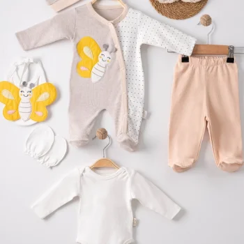 Kelebek Nakışlı Tulumlu % 100 Pamuk Erkek Bebek 5li Set