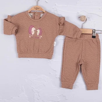 Kirpi Nakışlı % 100 Pamuk 2li Kız Bebek Takım