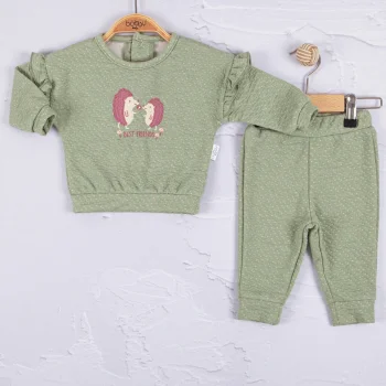 Kirpi Nakışlı % 100 Pamuk 2li Kız Bebek Takım