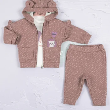 Kirpi Nakışlı % 100 Pamuk 3lü Kız Bebek Takım