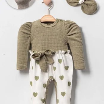 Kız Bebek Kalp Desenli Waffle Bandanalı 2li Tulum