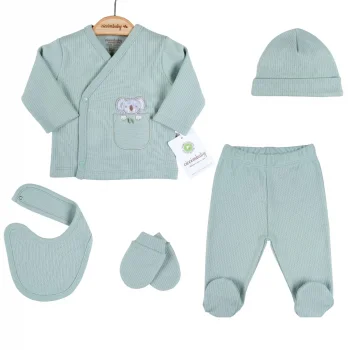 Koala Nakışlı Çizgili 5li % 100 Pamuk Hastane Çıkış Seti