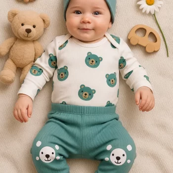 Kulaklı Ayıcık % 100 Pamuk 3lü Erkek Bebek Takım