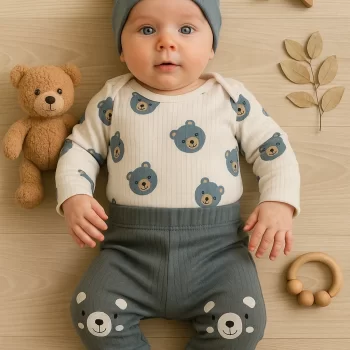 Kulaklı Ayıcık % 100 Pamuk 3lü Erkek Bebek Takım