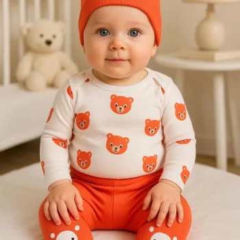 Kulaklı Ayıcık % 100 Pamuk 3lü Erkek Bebek Takım