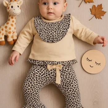 Leopar Detaylı 2li Kız Bebek Takım %100 Pamuk