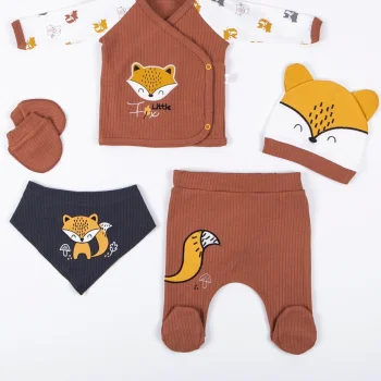 Little Fox Nakışlı 5li % 100 Pamuk Erkek Bebek Hastane Çıkış Seti