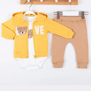 Love Bear Nakışlı % 100 Pamuk Hırkalı 3lü Erkek Takım