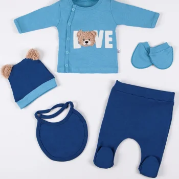 Love Bear Nakışlı 5li % 100 Pamuk Erkek Bebek Hastane Çıkış Seti