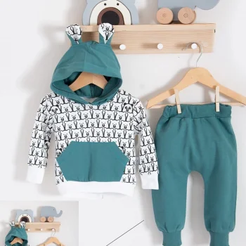 Minik Ayıcıklar Desenli 2li % 100 Pamuk Erkek Bebek Takımı