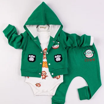 Monkey Nakışlı Kapişonlu Erkek Bebek Takım