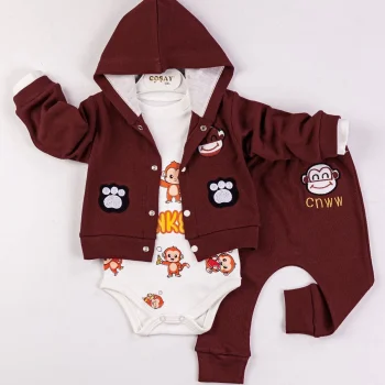 Monkey Nakışlı Kapişonlu Erkek Bebek Takım