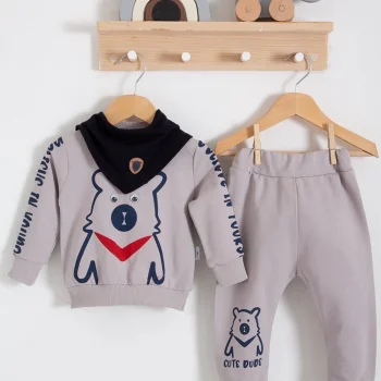 Oynar Gözlü Fularlı 3lü Erkek Bebek Takımı