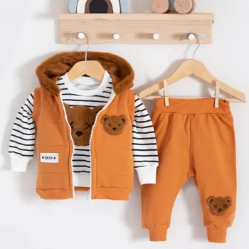 Peluş Ayıcık Desenli Kapişonlu 3lü Erkek Bebek Takımı