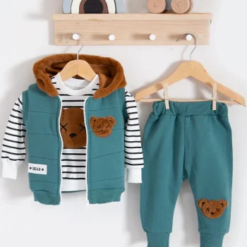 Peluş Ayıcık Desenli Kapişonlu 3lü Erkek Bebek Takımı