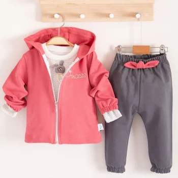 Prences Nakışlı Kapişonlu 3lü % 100 Pamuk Kız Bebek Takımı