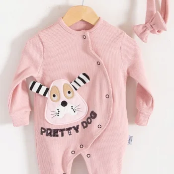 Pretty Dog Nakışlı Bandanalı % 100 Pamuk Kız Bebek Tulumu