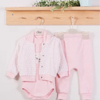 Puan Desenli Kapişonlu % 100 Pamuk 3lü Kız Bebek Takım