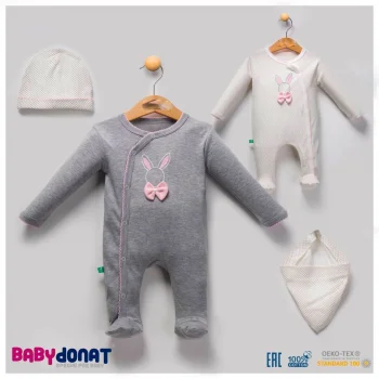 Tavşan Desenli Fiyonklu Kız Bebek 4lü Tulum Seti 100% Pamuk