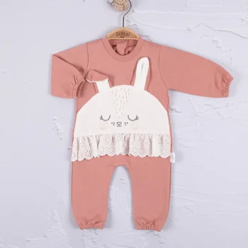 Tavşan Nakışlı Güpürlü % 100 Pamuk Kız Bebek Tulum