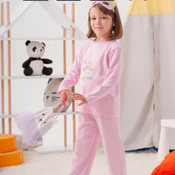 Unicorn Desenli Çanta ve Maskeli % 100 Pamuk Kız Çocuk Pijama Takımı