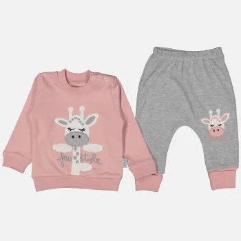 Zürafa Nakışlı % 100 Pamuk Kız Bebek Takımı