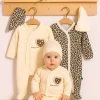 Açık Kahve Leopar Desenli Kız Bebek 4lü Tulum Seti