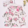 Çiçek Desenli Fiyonk Bandanalı Kız Elbisesi
