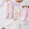 Kelebek Nakışlı Puanlı Tulumlu % 100 Pamuk Kız Bebek 5li Set