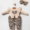 Leopar Desenli Fiyonklu % 100 Pamuk Kız Bebek Tulum