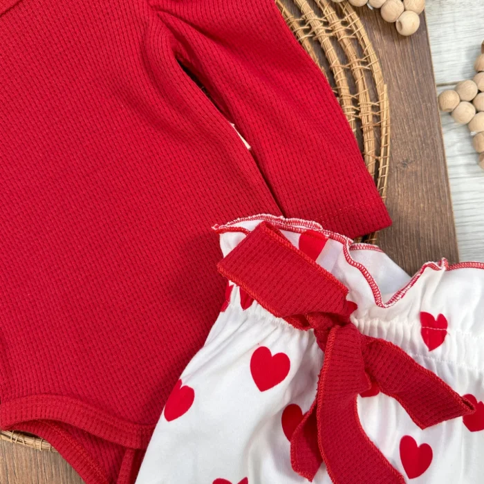 Kalp Baskılı Bandanalı 3Lü Lüx Waffle Kız Bebek Takım